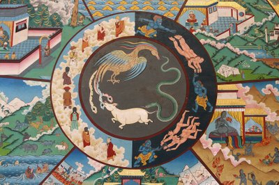 Roue de la vie ou roue du Samsara (Mandala) : coq, serpent et cochon, Monastère de Kopan, Katmandou, Népal - Unbekannt