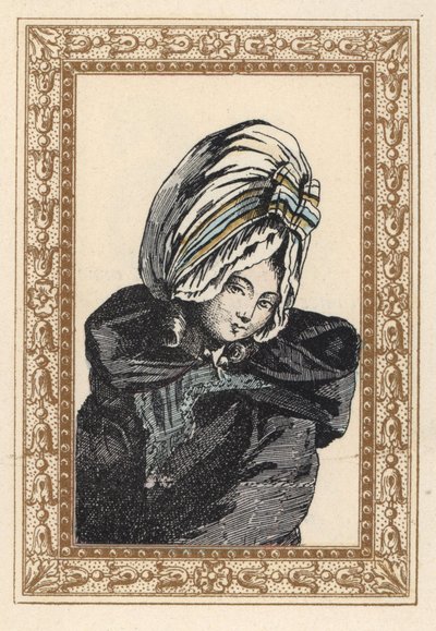 Femme en cape de nuit et grand chapeau Voluptuese. Cheveux de nuit, a la Voluptueuse. Lithographie colorée à la main par de Laubadère tirée de « Coiffures de Style ou Parure Excentrique de l