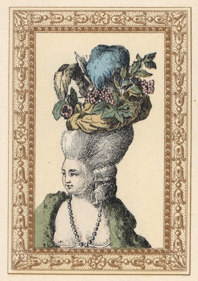 Femme avec coiffure relevée avec un bonnet décoré de raisins et de plumes appelé Bonnet Racy dans un parc anglais - Unbekannter Künstler