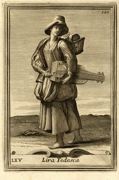 Femme jouant de la vieille (ou "Lira tedesca" ou "ghironda"). Dans "Gabinetto Armonico" par Filippo Bonanni, Rome - Unbekannter Künstler