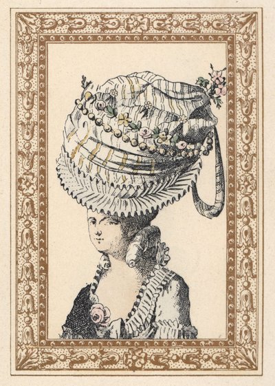 Femme portant un énorme chapeau appelé le Bonheur du Siècle. Lithographie colorée à la main par de Laubadère tirée de « Coiffures de Style ou Parure Excentrique de l