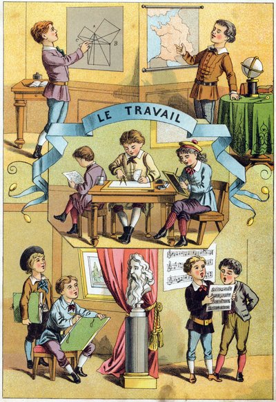 Travail en classe. Gravure dans « Alphabet des petits écoliers ». Imagerie d