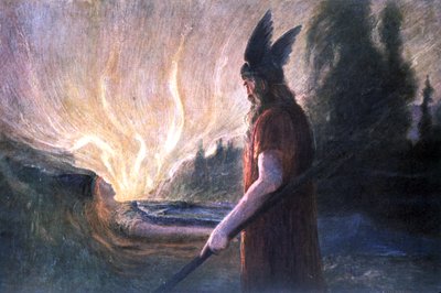 Wotan devant le bûcher de Brünnhilde, début du XXe siècle (carte postale) - Unbekannter Künstler