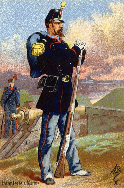 X : Infanterie de marine. Gravure dans "Alphabet militaire". Initiales de l