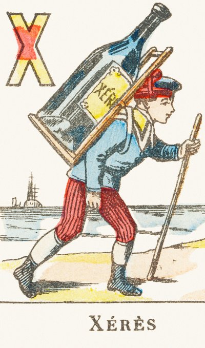 X : Xérès, un garçon porte sur son dos une grande bouteille de vin - Alphabet des jeux, vers 1890 (gravure) - Unbekannt