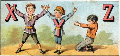 Lettres X Y et Z imitées par la position du corps. Gravure dans "Alphabet des petits écoliers". Imagerie d