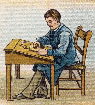 Xylographe dans son atelier. Gravure dans "Alphabet de ma petite fille". Bernardin-Béchet et Fils, libraires-éditeurs, Paris, vers 1895. Album incassable sur toile. Bibliothèque des Bébés. - Unbekannt