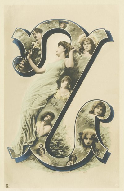 Z : photo-portrait de femme dans un long drapé bleu, plusieurs bustes de femmes dans la lettre - Portraits alphabétiques de femmes. A. L. éditeur - Unbekannt