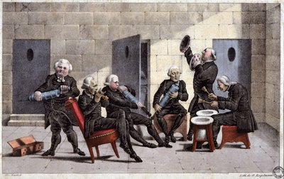 Amateurs jouant une courante, caricature française contre les médecins (tenant des seringues et des pots de chambre comme instruments de musique) et le purgatif au XVIIIe siècle, gravure par Elgelmann, vers 1830 - Unbekannter Künstler