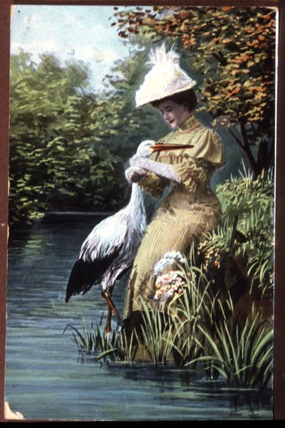 Cigogne apportant un bébé à une femme, carte postale française, début du 20e siècle - Unbekannter Künstler
