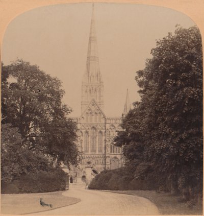 Façade nord-ouest de la cathédrale de Salisbury, Angleterre, première grande église du style anglais précoce, 1900 - Underwood and Underwood