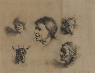 Têtes--Trois personnes, deux animaux - Unidentified