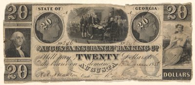 Billet de 20 dollars émis par la Augusta Insurance & Banking Co., Augusta, Géorgie en 1858 avec gravures de la Déclaration d