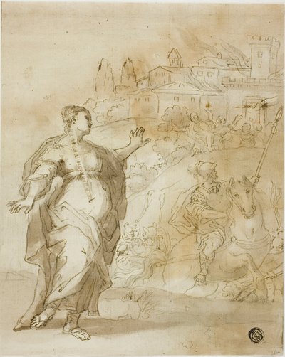 Cassandra devant la ville en flammes de Troie - Unknown