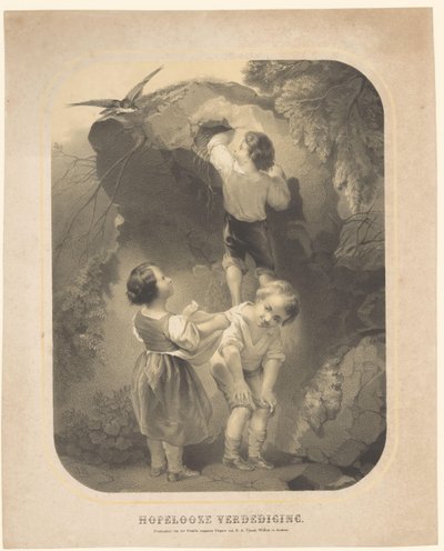 Trois enfants volent des œufs dans un nid d
