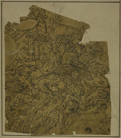 Fragment : Guerriers armés à cheval combattant des fantassins - Unknown