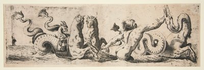 Frise avec un dieu de la mer, un monstre marin et trois chevaux marins - Unknown