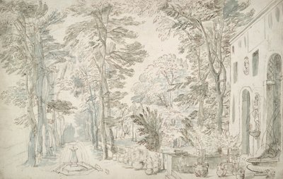Jardin avec fontaines et arbustes en pot - Unknown