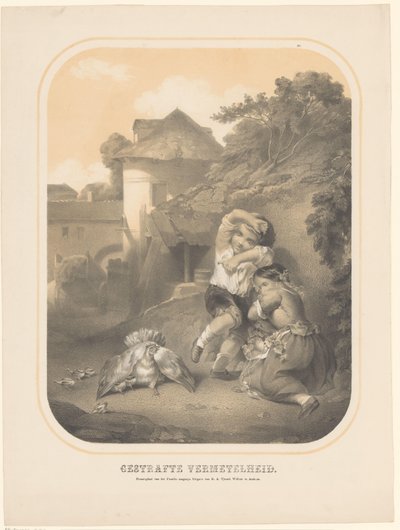 Poule défendant ses poussins contre deux enfants - Unknown
