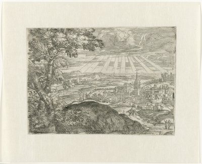 Paysage avec vue sur la ville et soleil rayonnant - Unknown