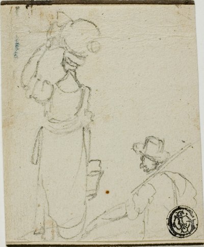 Homme avec un bâton suivant une femme avec une cruche sur la tête - Unknown