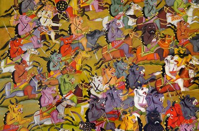Peinture Marwar : Détail des démons se préparant à combattre la déesse Durga, musée du palais du Fort Mehrangarh, Jodhpur, Rajasthan, Inde - Unknown