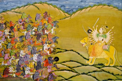 Peinture Marwar : Les démons se préparent à combattre la déesse Durga, musée du palais du Fort Mehrangarh, Jodhpur, Rajasthan, Inde - Unknown