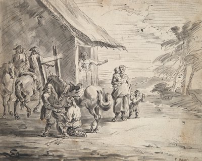Hommes ferrant un cheval devant une auberge de campagne - Unknown