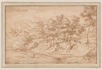 Paysage montagneux avec maisons à gauche et arbres à droite - Unknown