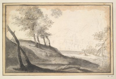 Paysage montagneux avec arbres et ville au loin - Unknown