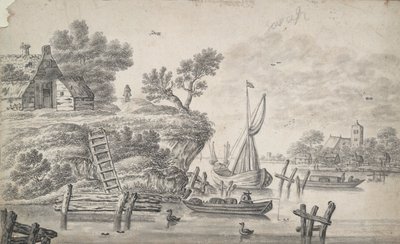 Paysage fluvial avec haute berge à gauche - Unknown