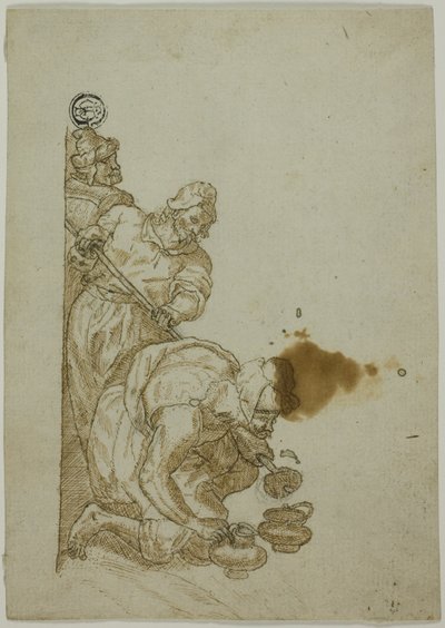 Trois hommes, un se penchant sur des récipients - Unknown