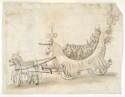 Deux études de costumes (recto); Char en forme de licorne (verso) - Unknown