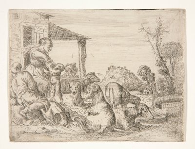 Sans titre (Famille de paysans avec des chiens et des agneaux dans un paysage) - Unknown