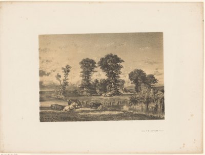Paysage de prairie avec des chevaux paissant - Unknown