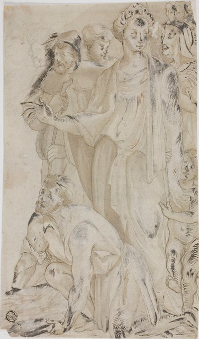 Femme et jeune garçon nu entourés de figures - Unknown