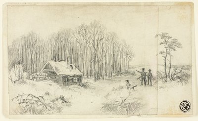 Cabane en forêt, avec des chasseurs approchant - Unknown