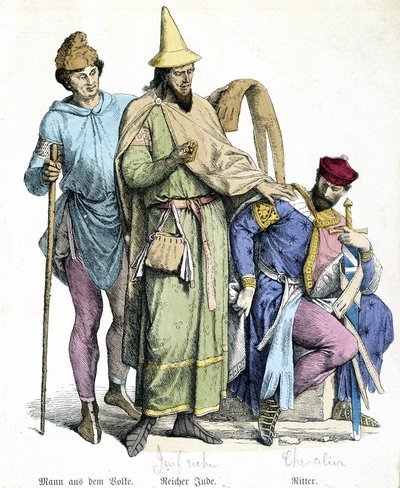 Costumes du 11ème siècle : riche juif et chevalier (gravure) - Unknown artist