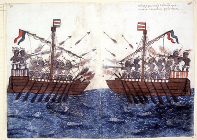 Gravure du XVIe siècle représentant la rencontre avec un navire pirate dans l