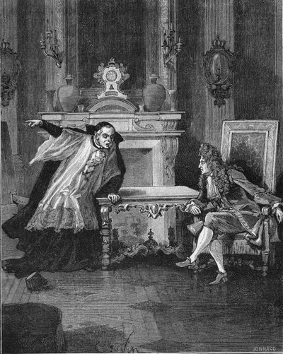 1715 : le roi de France Louis XIV (1638-1715) écoutant les paroles du Père Michel Le Tellier (1643-1719), son confesseur jésuite. Gravure du XIXe siècle. Dans « Histoire de France » par Jules Michelet - Unknown artist