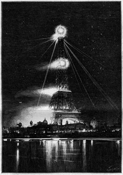 Exposition Universelle de 1889 : la Tour Eiffel illuminée par des flammes de Bengale le soir de l