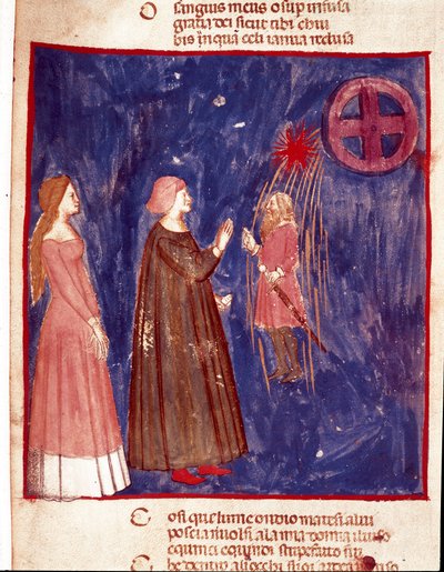 5ème ciel : Dante et Béatrice rencontrent le Seigneur Cacciaguida dans la sphère céleste des âmes des combattants. Page enluminée illustrant un chant du Paradis de la 