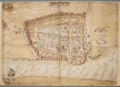 Une représentation du XVIe siècle de la ville de Hull. Cette carte montre la ville de Hull, située là où la rivière Hull se jette dans l