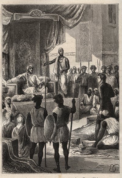Voyage (1792-1795) en Égypte et au Proche-Orient par William George Browne (1768-1813) : Browne rencontre le sultan du Darfour Ald el Raschman (Abd-er-Rahman, dit El-Rachid ou le Juste), à El Fasher (Al-Fashir, Soudan) en 1793 - illustration tirée de 