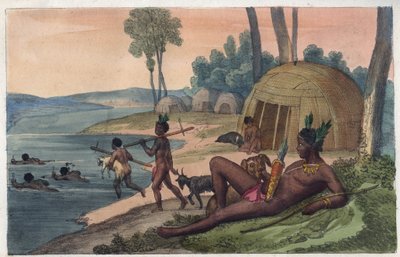 Un village hottentot de Korah sur la rive gauche de la rivière Orange - gravure de "Usi e Costumi di Tutti i Popoli dell