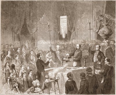 Un baptême maçonnique à la loge de la Fraternelle Amitié en 1861. - Unknown artist