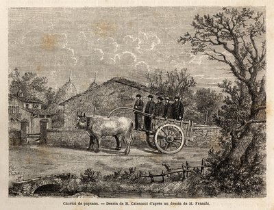 Un chariot siennois de paysans, à deux roues, pour le transport de tonneaux de vin, tiré par un couple de petits bœufs blancs. Gravure pour illustrer un voyage à Sienne (Italie) en 1865, dans « Le tour du monde, nouveau journal des voyages » publié sous la - Unknown artist