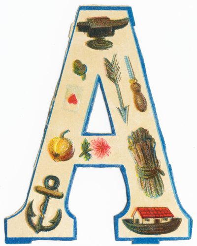 A : enclume, artichaut, flèche, as de cœur, alêne, pomme, aster, ancre, arche de Noé, asperges - Unknown artist