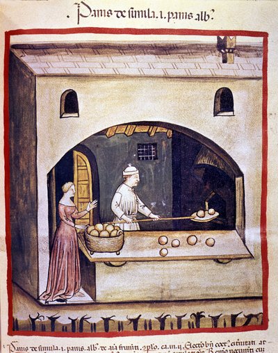 Un boulanger prépare du pain blanc et du pain de semoule. Enluminure du « Tacuinum sanitatis » - Unknown artist
