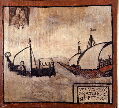 Une galère barbaresque poursuit un bateau de pêcheurs napolitains. Ex-voto du 17ème siècle. Madonna dell
